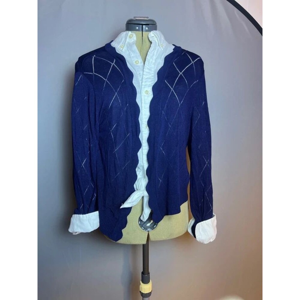 Navy blue argyle cardigan sweater scalloped edge size XL